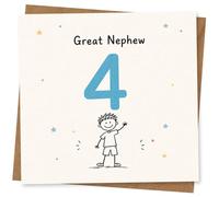 Great Nephew 4th Birthday Card with Cute Hand-Drawn Boy Illustration and Colourful Stars
