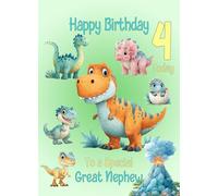 Great Nephew 4th Kids Birthday Card (Dinosaur Cartoon) - From Auntie Uncle Gift Idea For Him Age Male Boy Men Animal Greeting Blank Inside Envelope Included UK