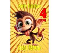 Great Nephew 4th Kids Birthday Card (Funny Monkey) - For Him Age Male Boy Men Animal
