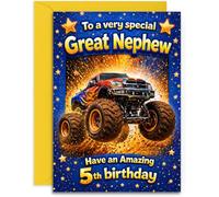 Great Nephew 5th Birthday Card - Monster Truck Design Age 5 Great Nephew Boy - UK Designed and Printed - A5 Size Card with Yellow Envelope