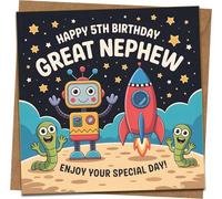 Great Nephew 5th Birthday Card - Space Robot & Rocket Design - 145mm x 145mm - Fun Kids Greeting - Includes Kraft Envelope