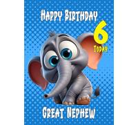 Great Nephew 6th Kids Birthday Card (Funny Elephant) - From Auntie Uncle Gift Idea For Him Age Male Boy Men Animal Greeting Blank Inside Envelope Included UK