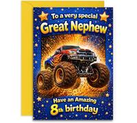 Great Nephew 8th Birthday Card - Monster Truck Design Age 8 Great Nephew Boy - UK Designed and Printed - A5 Size Card with Yellow Envelope
