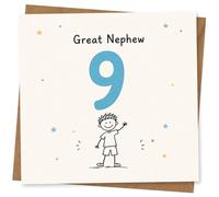 Great Nephew 9th Birthday Card, Cute Handwritten Style Design with Little Boy Illustration for Niece's Relative's Birthday Celebration