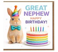 Great Nephew Birthday Card - Cute Bunny Rabbit in Party Hat and Bow Tie with Rainbow Cake and Candles - Happy Birthday Card for Great Nephew