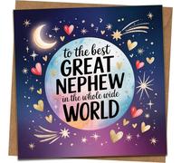 Great Nephew Greeting Card - To the Best Great Nephew in the Whole Wide World - 145mm x 145mm with Kraft Envelope - Stars and Hearts Design - Birthday or Any Occasion