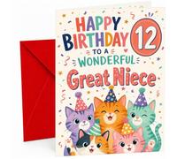 Great Niece 12th Birthday Card Party Cats in Hats Confetti | Large A5 Card with Printed Inside Message; Colourful “Wonderful Great Niece” lettering for Great Niece 12th Birthday