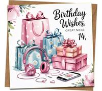Great Niece 14th Birthday Card - 145mm x 145mm Square Greeting Card with Kraft Envelope - Cute Pink & Blue Gifts and Headphones Design - Teen Girl Birthday Wishes