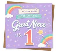 Great Niece 1st Birthday Card - As If By Magic Our Gorgeous Great Niece Is 1 - Cute Rainbow and Stars Birthday Card