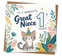 Great Niece 1st Birthday Card, Cute Cat and Floral Design, Wonderful Great Niece 1 Today Greeting Card for Baby Girl or Toddler