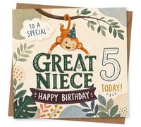 Great Niece 5th Birthday Card, Cute Monkey Design, To A Special Great Niece, Happy Birthday Card for 5 Year Old Girl