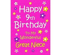 Great Niece 9th Birthday Card (Pink) - From Auntie Uncle Gift Idea Greeting Blank Inside Envelope Included UK
