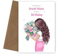 Great Niece Birthday Card for Women - Beautiful Brunette with Flowers - Sentimental Happy Birthday Great Niece Card for Adult on Milestone Birthdays - 20th, 30th, 40th, 50th - UK Made