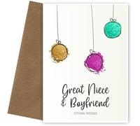 Great Niece & Boyfriend Christmas Card - Splatter Baubles Christmas Cards for Great Niece & Boyfriend | Fun and Festive Xmas Card| 7 x 5 - Blank Inside