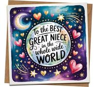 Great Niece Greeting Card - To the Best Great Niece in the Whole Wide World - Hearts & Stars Design, Blank Inside, 145mm x 145mm Square Card with Kraft Envelope