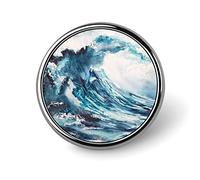 Great Ocean Waves Watercolor in Blue Turquoise Style Round Badge Smooth Surface Lapel Tie Pin, Lightweight Badge for Women Men Office Worker Nurse Teacher Student Shirts Backpack