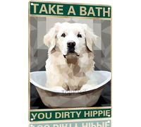 Great Pyrenees 8x12 Inch Aluminum Sign for Dog Lovers Take A Bath You Dirty Hippie-Vintage Retro Dog Metal Wall Art,Dog Hippie Metal Tin Sign for Home Toilet Bathroom