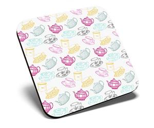 Great Single Coaster Square - Cute Retro Teacup Party Teapot Tea |Glossy Quality Coasters | Tabletop Protection for Any Table Type #8714