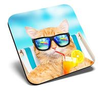 Great Single Coaster Square - Funny Ginger Cat Sunbathing |Glossy Quality Coasters | Tabletop Protection for Any Table Type #14582
