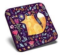 Great Single Coaster Square - Ginger Fox Forest Flowers Art |Glossy Quality Coasters | Tabletop Protection for Any Table Type #15571