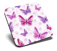 Great Single Coaster Square - Purple Pink Butterflys Butterfly |Glossy Quality Coasters | Tabletop Protection for Any Table Type #13090
