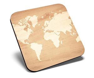 Great Single Coaster Square - Wooden Earth Map Global Travel |Glossy Quality Coasters | Tabletop Protection for Any Table Type #15943