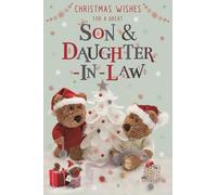 Great Son and Daughter-in-Law Christmas Card - Barley Bear Couple and Christmas Tree Embossed with Foil Details - By ICG