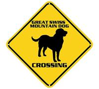 Great Swiss Mountain Dog Crossing Sign Warning Sign Great Swiss Mountain Dog Animal Caution Yellow Wall Art Decorative Decor For Fence Home Farmhouse Yard Road Quality Metal Sign 12x12 Inches