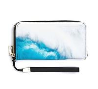 Great Turquoise Ocean Waves Blue White Pattern Long Clutch Wallet, Long Handbag with Removable Wristlet Strap, PU Leather Zip Purse, Credit Pass Case Card-Holder for Men Women
