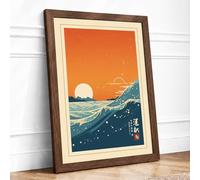 Great Wave at Dawn Japandi Framed Wall Art Print A4 (29.7×21cm) Walnut, Wall Decor for Living Room, Bedroom, Office & Home, Ready to Hang, Art Gift