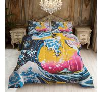Great Wave Coverless Duvet King Size, Hokusai Japanese Pop Art Reversible Comforter Set 3 Pcs, 2 Pillowcases, Bedroom Decor, 10.5 Tog Soft Lightweight Warm All Seasons BZ-US1150