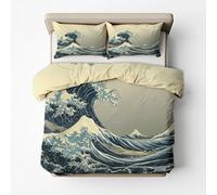 Great Wave Duvet Cover Super King Bedding Set, Hokusai Kanagawa Japanese Pattern, Reversible Design Bedroom Decor Bed Quilt Cover with 2 Pillowcases, Microfiber, Zip - SMK9086