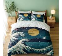 Great Wave Full Moon Crane Duvet Cover Set, Ukiyo-e Japanese Seascape Bedding, Single Double King Size 3-Piece Quilt Cover (02,King + 50 x 75cm x2)