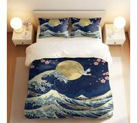 Great Wave Full Moon Crane Duvet Cover Set, Ukiyo-e Japanese Seascape Bedding, Single Double King Size 3-Piece Quilt Cover (01,King + 80 x 80cm x2)