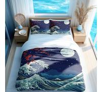 Great Wave Full Moon Crane Duvet Cover Set, Ukiyo-e Japanese Seascape Bedding, Single Double King Size 3-Piece Quilt Cover (03,King + 50 x 75cm x2)