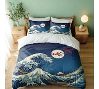 Great Wave Full Moon Crane Duvet Cover Set, Ukiyo-e Japanese Seascape Bedding, Single Double King Size 3-Piece Quilt Cover (04,Single + 80 x 80cm x2)