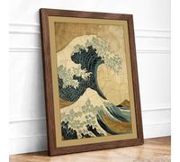 Great Wave in Blue Japandi Framed Wall Art Print A1 (84.1×59.4cm) Walnut, Wall Decor for Living Room, Bedroom, Office & Home, Ready to Hang, Art Gift