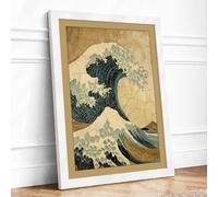 Great Wave in Blue Japandi Framed Wall Art Print A1 (84.1×59.4cm) White, Wall Decor for Living Room, Bedroom, Office & Home, Ready to Hang, Art Gift