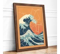 Great Wave in Blue Japandi Framed Wall Art Print A2 (59.4×42cm) Walnut, Wall Decor for Living Room, Bedroom, Office & Home, Ready to Hang, Art Gift