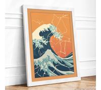 Great Wave in Blue Japandi Framed Wall Art Print A2 (59.4×42cm) White, Wall Decor for Living Room, Bedroom, Office & Home, Ready to Hang, Art Gift