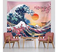 Great Wave Japanese Ocean Wave Wall Art - Cherry Blossom Tree Backdrop Sunset Mountain Hanging Kanagawa for Japanese Living Room Bedroom Decorations (59 x 51 Inch)