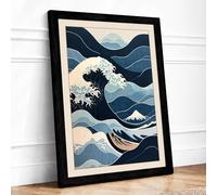 Great Wave, Mountain Peak Japandi Framed Wall Art Print A1 (84.1×59.4cm) Black, Wall Decor for Living Room, Bedroom, Office & Home, Ready to Hang, Art Gift