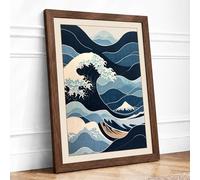Great Wave, Mountain Peak Japandi Framed Wall Art Print A3 (42×29.7cm) Walnut, Wall Decor for Living Room, Bedroom, Office & Home, Ready to Hang, Art Gift