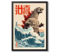 Great Wave Of Zilla Anime Woodblock Poster Modern Ukiyo-E, Cartoon Print, Japanese Illustration Wall Art Bedroom Home Decor, A5 (Black Frame) - 24.1x17.9cm