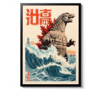 Great Wave of Zilla Poster, Cartoon Japanese Art Print, Anime Style Wall Art, Illustration Decor, Ukiyo-e Inspired Fantasy Sea Print, Gift, Archival Matte, A3 (Framed) - 42x29.7cm