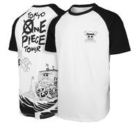 Great Wave off Kanagawa Ukiyo-e Art Mix ONE Luffy PIECE Thousand Sunny Pirate Ship Japanese Anime 100% Heavy Cotton Mens Raglan Baseball Short Sleeve T-shirt(M,Short Black/White)