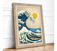 Great Wave Rising Japandi Framed Wall Art Print A2 (59.4×42cm) Oak, Wall