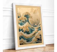 Great Wave Rising Japandi Framed Wall Art Print A3 (42×29.7cm) White, Wall Decor for Living Room, Bedroom, Office & Home, Ready to Hang, Art Gift