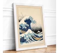 Great Wave Rising Japandi Framed Wall Art Print A3 (42×29.7cm) White, Wall Decor for Living Room, Bedroom, Office & Home, Ready to Hang, Art Gift