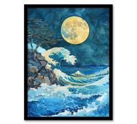 Great Wave Seascape Under a Full Moon Watercolour Framed Art Print Artery8 Blue A4